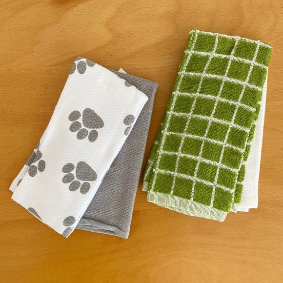 Kitchen Hand Towels, 100% Cotton, Dog paw / Home wording, White Green Gray - Picture 2 of 3